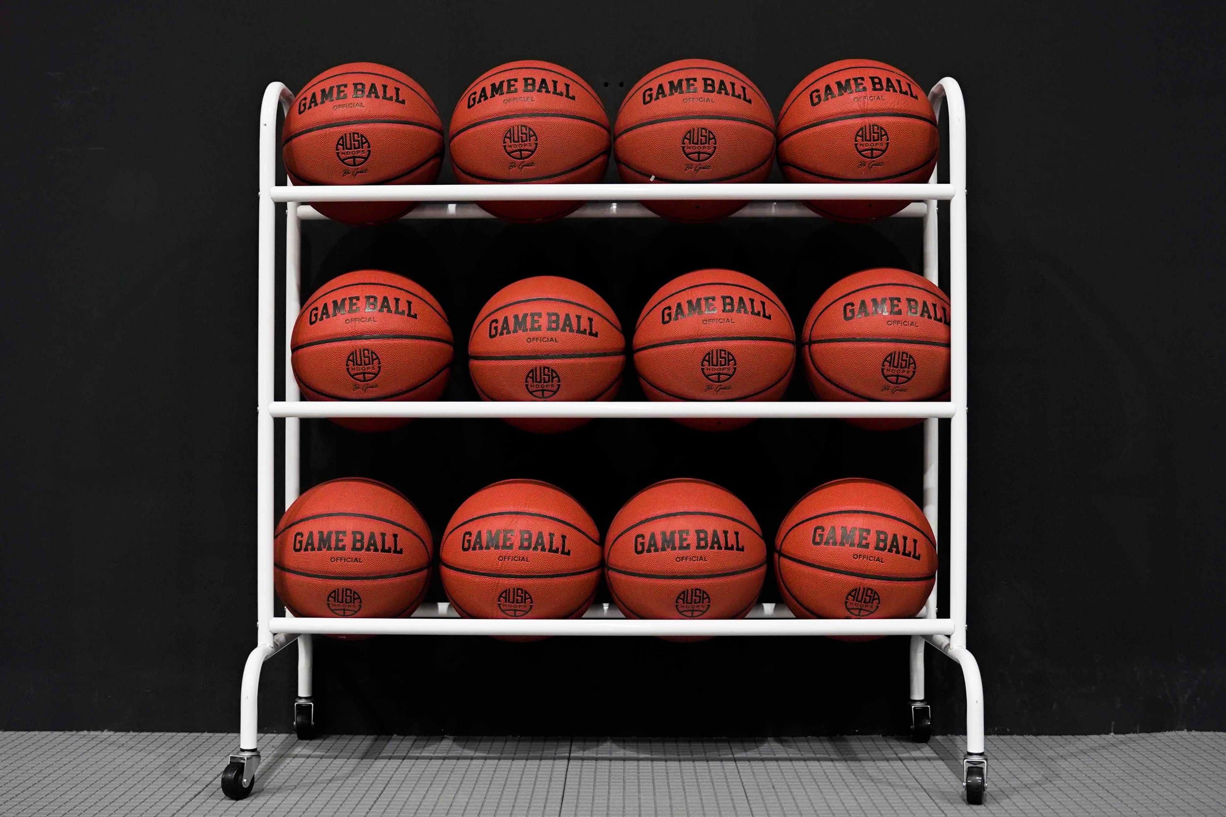 Game Ball classic ball rack in white, three-layer bracket, 12 balls