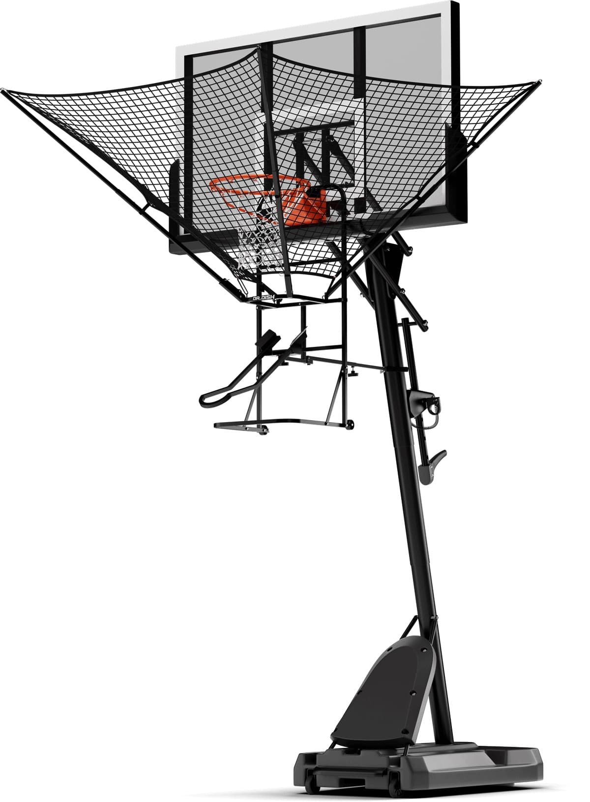 Dr. Dish iC3 Shot Trainer, the rebound net clamped to a portable hoop